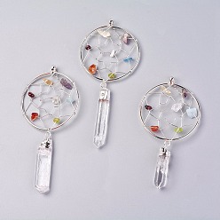 Смешанные камни Чакра ювелирные изделия, природные и синтетические смешанные каменные подвески, с латунной фурнитурой , тканая сеть / паутина с пером, серебряный цвет гальваническим, 93~109x47~48 мм, отверстие : 5 мм