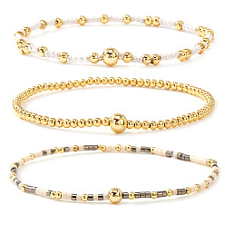 Серый 3шт. 3 стильные браслеты из стеклянного бисера и латунных бусин, эластичные, для женщин, круглые, серые, 6.50 дюйм (16.5 см)