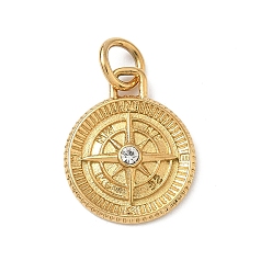 Настоящее золото 18K 304 подвески из нержавеющей стали, прелести компаса, со стразами, ручная полировка, ионное покрытие (ip), с целью перехода в кольце, реальный 18 k позолоченный, 20x16x3.5 мм, отверстие : 4.5 мм