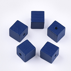 Blau Bemalte natürliche Holzperlen, Viereck, Blau, 14~15x14~15x14.5~15 mm, Bohrung: 3.5 mm