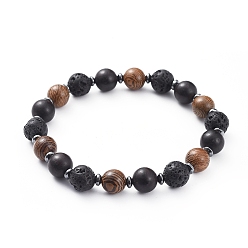Lavastein Stretch-Armbänder aus natürlichem Lavastein, mit nichtmagnetischen synthetischen Hämatitperlen und Holzperlen, Rund & abacus, 2 Zoll (5.2 cm)