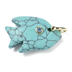 Синтетическая Бирюза Резные подвески из синтетической бирюзы, Подвески в виде рыбок с фианитами и латунной фурнитурой, золотые, стойки покрытие, 32~33.5x23.5~24.5x8~8.5 мм, отверстие : 5x6 мм