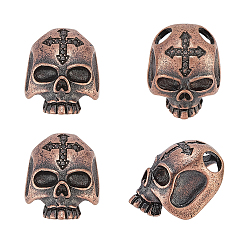 Cuivre Rouge 4pcs perles européennes en laiton, Perles avec un grand trou   , crâne avec croix, cuivre rouge, 18x16x10.5mm, Trou: 4.5mm