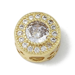 Настоящее золото 18K Покрытие стойки латунь микропаве прозрачные кубические циркониевые бусины, долговечный, без свинца и без кадмия, плоско-круглые, реальный 18 k позолоченный, 10x6.5 мм, отверстие : 2.5 мм