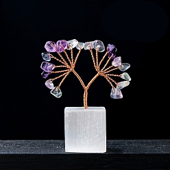 Флюорит Натуральные флюоритовые чипсы Дерево жизни украшения, на натуральной селенитовой основе, Медная проволока, энергетический камень фэн-шуй, подарок для женщин и мужчин, медитация, 60~65 мм