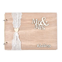 BurlyWood Wooden Wedding Guestbooks Notepad, with Lace, for Wedding Decoration, Rectangle with Hollow Word Mr & Mrs, Wedding, BurlyWood, 20x28x1.2cm, about 20sheet/pc