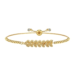 Лист Браслеты из латуни с микропаве и цирконием для женщин, браслет-слайдер с цепочкой-коробкой, золотые, лист, 7-7/8 дюйм (20 см)