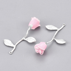 Pink Brass Enamel Pendants, Rose, Silver Color Plated, Pink, 40x25x10mm, Hole: 0.8mm