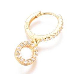 Letter O 925 Sterling Silver Hoop Earrings, Dangle Earrings, with Cubic Zirconia, with S925 Stamp, Letter, Clear, Golden, Letter.O, 19mm, Pendants: about 9x6x1.5mm, Pin: 0.6mm