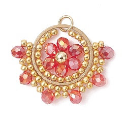 Красный Стеклянные подвески, цветочный шарм, с латунным кольцом и 304 нержавеющей сталью, граненые, красные, 23x29x4 мм, Перейти кольцо: 5x0.7 мм, внутренний диаметр: 3.6 мм