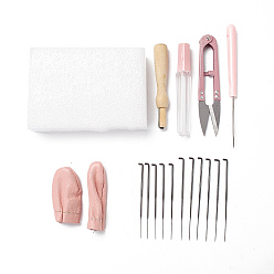 Mixed Color DIY Needle Felting Tools Set, with Iron Needles, Foam Chassis, Wooden Needle Handles & Scissor, Awl, Leather Figerstalls, Plastic Needle Storage Tube, Mixed Color, 58~197x5.5~90x2~29mm, 17pcs/set