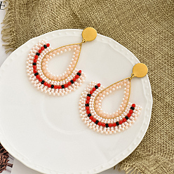 Золотой 304 из нержавеющей стали серьги, длинные серьги-капли со стеклянными бисером и веерами, золотые, 65x50 мм