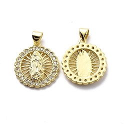 Real 18K Gold Plated Brass Micro Pave Clear Cubic Zirconia Pendants, Flat Round with Virgin Mary Pattern Charm, Religion Theme, Real 18K Gold Plated, 20.5x18.5x2.5mm, Hole: 3.5x4.5mm