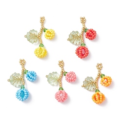 (52) Непрозрачная лаванда Подвески из стеклянных бусин в виде ягод и листьев, со стеклом и акрилом, разноцветные, 35x22x10 мм, отверстие : 2 мм