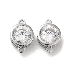 Real Platinum Plated Brass Connector Charms, with Clear Glass, Flat Round Links, Cadmium Free & Nickel Free & Lead Free, Real Platinum Plated, 7.5x11x3.5mm, Hole: 1mm