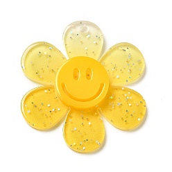 Gold Gradient Color Transparent Acrylic Pendants, with Sequins, Sunflower with Smiling Face Charm, Gold, 30x27x4mm, Hole: 1.6mm