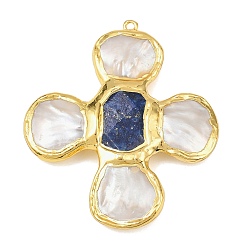 Ляпис-Лазурь Большие подвески из натурального лазурита и ракушечного жемчуга, с латунной фурнитурой , крест прелести, граненые, золотые, 61.5~62.5x53~53.5x8.5 мм, отверстие : 2.4 мм