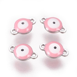 Pink 304 соединительные звенья эмалированные нержавеющие, плоские круглые с сглаза, цвет нержавеющей стали, розовые, 9.5x6x3.5 мм, отверстие : 1.2 мм