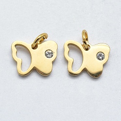 Настоящее золото 18K 316 хирургические подвески из нержавеющей стали, с кубического циркония, бабочка, прозрачные, реальный 18 k позолоченный, 9x11x2 мм, отверстие : 3 мм
