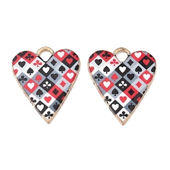 Light Gold Alloy Pendants, Poker/Playing Cards Heart Charms, Red, Light Gold, 27x23x2mm, Hole: 4mm