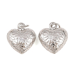 Платина Латунные подвески, подвески в виде сердца с цветочным узором, стойки покрытие, долговечный, без кадмия и без свинца, платина, 17.5x15x7.5 мм, отверстие : 3 мм