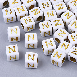 Letter N Покрытие акриловыми шариками, горизонтальное отверстие, золотой металл обвитыми, Алфавит стиле, кубические, letter.n, 5.5~6x5.5~6x5.5~6 мм, отверстие : 3.5 мм, Около 3000 шт / 500 г
