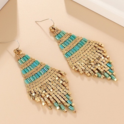 Бирюза Серьги-кисточки в форме ромба из бисера в стиле бохо, железные серьги с подвесками для женщин, платина, бирюзовые, 88x38 мм