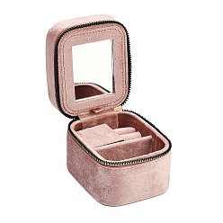 Pink Мини-прямоугольные бархатные шкатулки для хранения украшений на молнии с зеркалом внутри, Портативный дорожный футляр для ювелирных изделий для хранения колец, серег, браслетов, розовые, 8.7x10.5x7.8 см