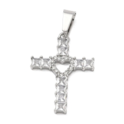 Clear Easter 304 Stainless Steel Micro Pave Clear Cubic Zirconia with Crystal Rhinestone Pendants, Cross Charms, with 201 Stainless Steel Bails, 26x19.5x3mm, Hole: 7x4mm