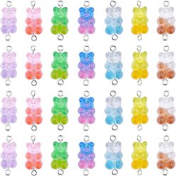 Mixed Color Transparent Resin Links, with Glitter Powder and Platinum Tone Iron Loops, Bear, Mixed Color, 24~25x11x7mm, Hole: 1.8mm, 7 colors, 10pcs/color, 70pcs/set