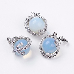 Opalite Opalite Pendants, with Brass Findings, Dragon, Platinum, Cadmium Free & Lead Free, 26~27x22x17~18.5mm, Hole: 4x8.5mm