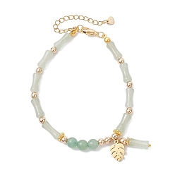 Золотой 304 шарм браслеты из нержавеющей стали лист, Браслеты из натурального зеленого авантюрина и бамбука для женщин, золотые, 8-1/4 дюйм (20.9 см)