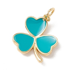 Темно-бирюзовый Латунь эмаль подвески, с прыжковых колец, реальный 18 k позолоченный, без кадмия и без свинца, долговечный, клевер, темные бирюзовый, 18x14x3 мм, отверстие : 3 мм
