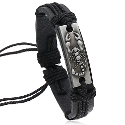 Черный Браслет из сплава со звеньями скорпиона, регулируемый браслет из искусственной кожи с джутовым шнуром, чёрные, внутренний диаметр: 2-1/8~3 дюйм (5.5~7.5 см)