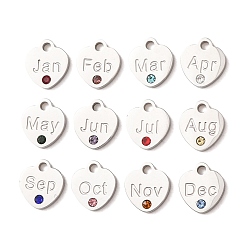 Color mezclado Cumpleaños 304 Dijes de acero inoxidable con micro pavé de circonitas cúbicas, dijes de corazón con la piedra natal de diciembre, color acero inoxidable, color mezclado, 9x8x1.5 mm, agujero: 1.5 mm, sobre 12 PC / sistema