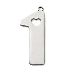 Stainless Steel Color 201 Stainless Steel Pendants, Number 1 with Heart Charms, Cut-Out, Stainless Steel Color, 17x11x1mm, Hole: 1.5mm