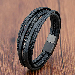 Black Braided Black Imitation Leather Multi-Strand Bracelets with 316L Stainless Steel Magnetic Clasps for Men, Black, 8.27 inch(21cm)