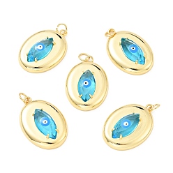 Темно-Голубой Стойки обшивки латунь кубического циркония подвески, с эмалью, долговечный, без свинца, без кадмия и без никеля, реальный 18 k позолоченный, овал с сглаза, глубокое синее небо, 26x18x5 мм, отверстие : 3 мм, Перейти кольцо: 5x1 мм, 3 мм внутренним диаметром