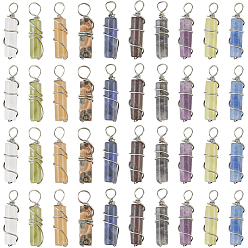 Mixed Stone 40Pcs 10 Styles Natural Mixed Gemstone Pendants, Column Charms with Eco-Friendly Platinum Plated Brass Wire Wrapped, 19.5~20x5~5.5mm, Hole: 2.4~2.7mm, 4pcs/style