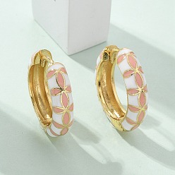 Pink Латунные серьги обруча, с эмалью, без свинца и без кадмия, реальный 18 k позолоченный, стойки покрытие, розовые, 20x5 мм