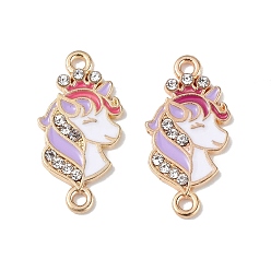 Lilac Alloy Enamel Connector Charms, Unicorn Links with Crystal Rhinestone, Light Gold, Cadmium Free & Nickel Free & Lead Free, Lilac, 23x11.5x2mm, Hole: 1.6mm