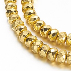 Golden Plated Non-magnetic Synthetic Hematite Beads Strands, Grade A, Faceted, Rondelle, Golden Plated, 6x4mm, Hole: 1mm, about 101pcs/strand, 15.7 inch