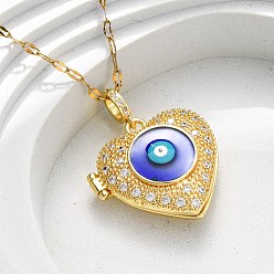 Настоящее золото 18K 304 ожерелье из нержавеющей стали, латунный микропаве прозрачный кубический цирконий сердце с коробкой сглаза кулон ожерелье, реальный 18 k позолоченный, 15.16 дюйм (38.5 см) в длину + 60 удлинитель мм