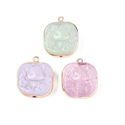 (52) Непрозрачная лаванда Латунь стекло кулоны, прямоугольник с подвесками в виде лисиц, золотой свет, разноцветные, 25~25.5x21.5~22.5x11~12 мм, отверстие : 1.6~1.8 мм