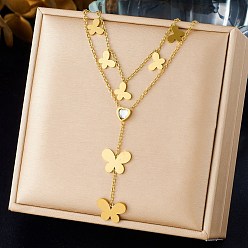 Золотой 304 Двухслойное ожерелье из нержавеющей стали с подвеской в виде бабочки, украшенной кристаллами и стразами, для женщин, золотые, 15.98 дюйм (40.6 см)