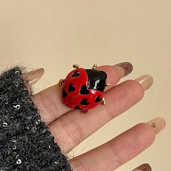 Red Brass Enamel Finger Rings, Ladybug, Golden, Red, 15~20mm