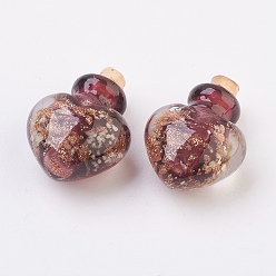 Кокосово-Коричневый Подвески для бутылок с духовыми шкафами ручной работы, бутылка эфирного масла, с золотым песком, сердце, кокосового коричневый, 25~26.5 мм, отверстие: 5 мм, емкость бутылки: 0.5~1 мл (0.017~0.03 жидких унций)