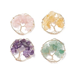 Real 18K Gold Plated Alloy Natural Gemstone Chip Pendants, with Copper Wire Wrapped, Mixed Dyed and Undyed, Ring with Tree, Real 18K Gold Plated, 35~36x34~35.5x6~9mm, Hole: 3~3.2x1~1.4mm