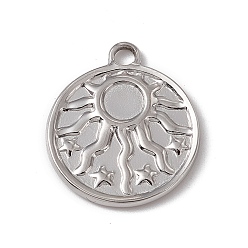 Stainless Steel Color Tarnish Resistant 304 Stainless Steel Pendant Cabochon Settings, Flat Round with Sun, Stainless Steel Color, Tray: 5mm, 21x18x2mm, Hole: 2.3mm