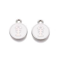 Белый Стойки обшивки сплава эмали подвески, плоский круглый с подвесками в виде рыбьей кости, платина, белые, 13.5x11x1.5 мм, отверстие : 1.6 мм